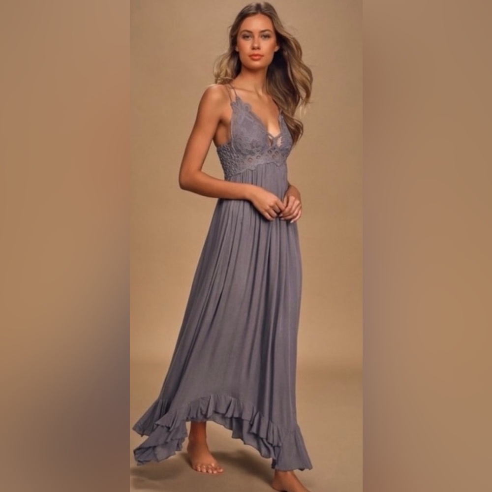 Free People | FP One Adella Slate Grey Sleeveless Lace Top Maxi Ruffle Hem Sz Lg